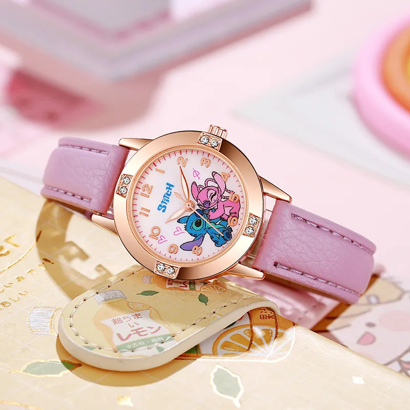 New Cartoon Pattern Stitch Girls Watches for Kids Leather Strap Children Watch with Rhinestone Dial reloj stich Exquisite Gift