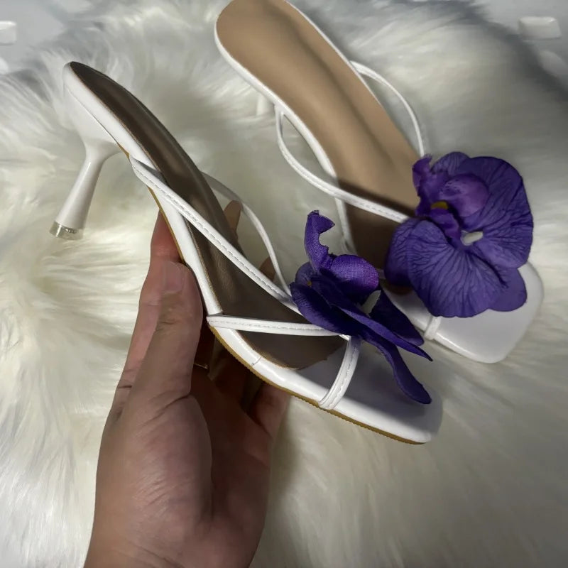 Orchid Flower Summer New High Heeled Women White Pink Blue Purple Floral Heels Square Toe Prom Slipper Slingback Shoes for Women