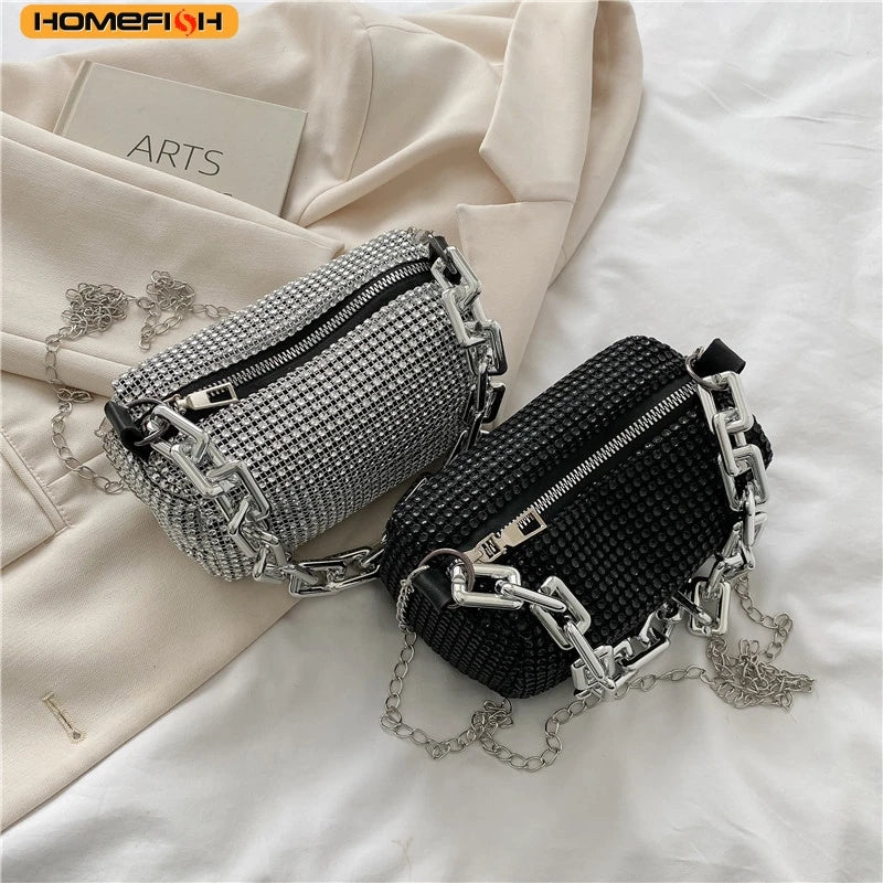 HOMEFISH Allover RhiHOMEFISH nestone Bucket Bag, Glitter Chain Prom Purse, Women's Mini Crossbody Bag