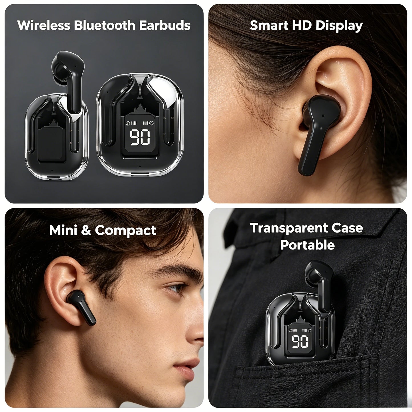 Transparent TWS Bluetooth Earphones Soft Silicone In-ear Design Wireless Sports Gaming Earbuds HiFi Stereo Audio LED Display