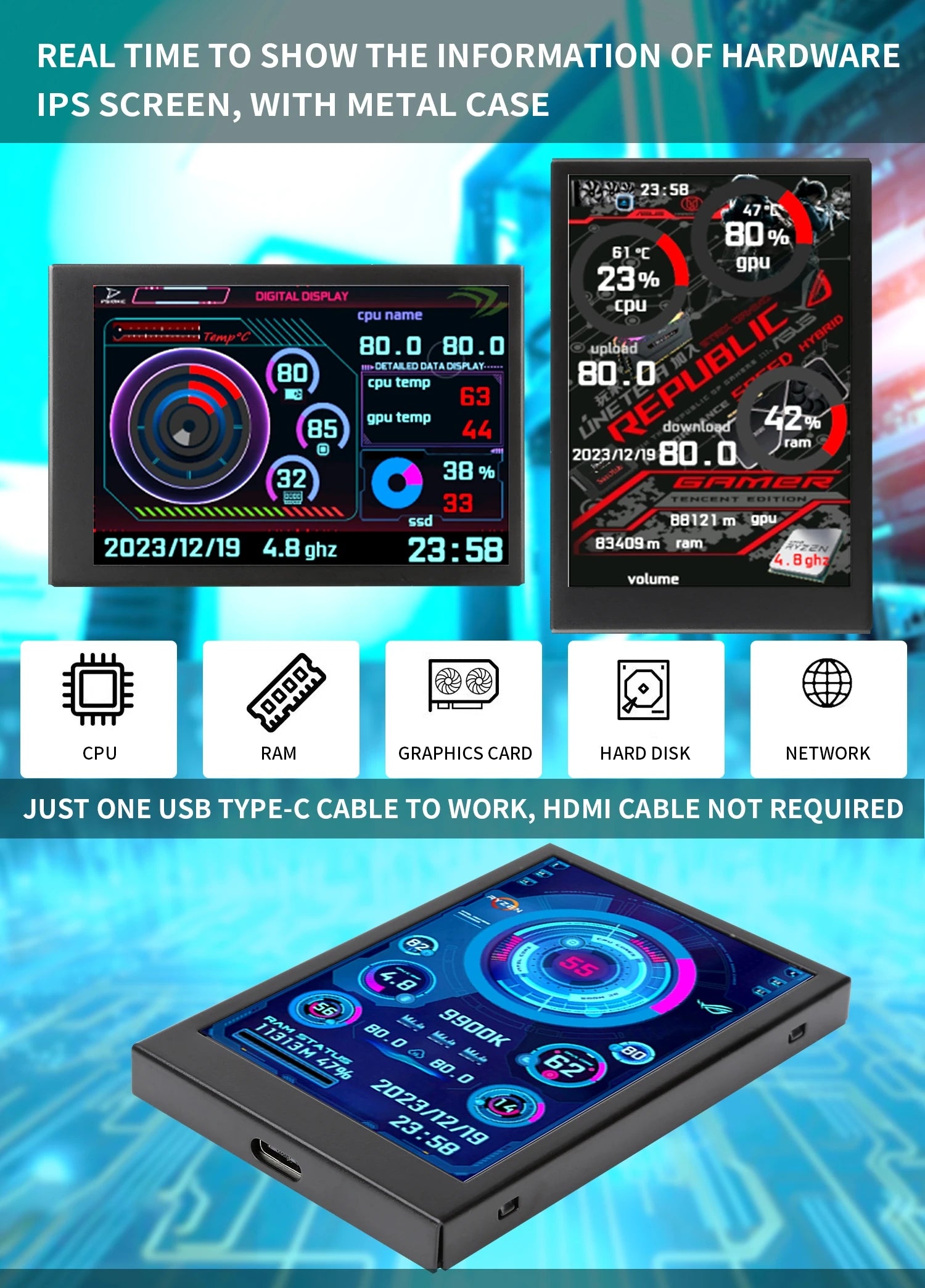 New 3.5 Inch IPS Type-C Secondary Screen Computer CPU GPU RAM HDD Monitor USB Type-C Display For Freely AIDA64 + Type-C Dock - Shoppiline