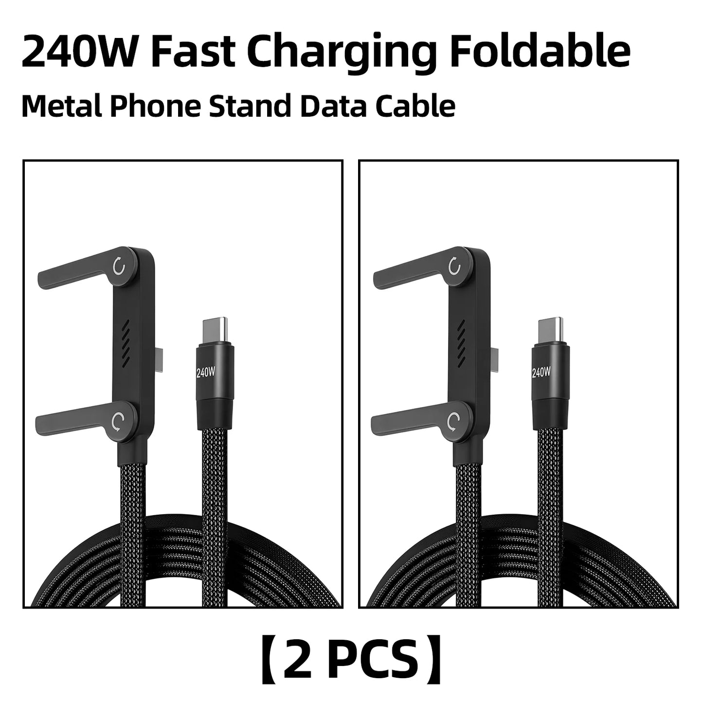2-IN-1 Type-C Cable Foldable Mobile Phone Holder 240W Fast Charging Data Cable Multifunction Phone Charge Bracket Dual PD cable - Shoppiline