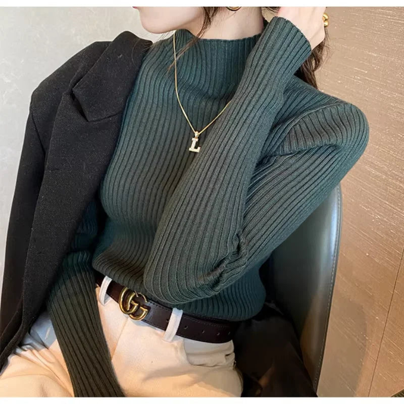 Nouveau pull élégant basique en maille unie pour femme, col roulé, manches longues, décontracté, coupe ajustée, mode simple et chic