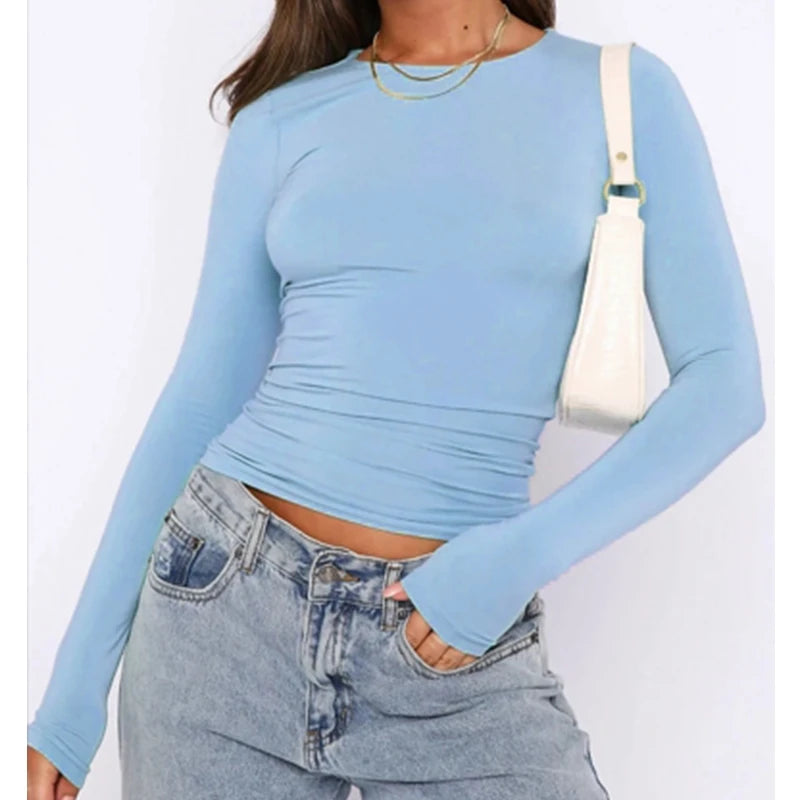 Damenbekleidung Langarm-T-Shirt Slim Fit Tops Damen Rundhals Enganliegendes T-Shirt Streetwear 2024 Y2K Qtraf 2408