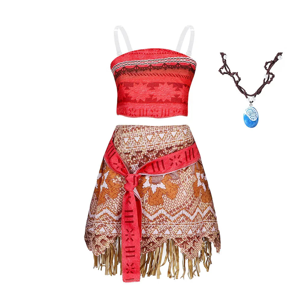 Ozean-Abenteuer-Cartoon-Rollenspielkostüm Moana Zweiteiliges Kleid für Mädchen im polynesischen Stil Vaiana Prinzessinnenkostüm Halloween