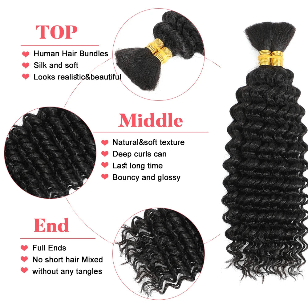 Cheveux à tresser humains Deep Wave en vrac Cheveux humains 100g Sans trame Extensions de cheveux humains Cheveux à tresser humains micro pour tresses bohèmes