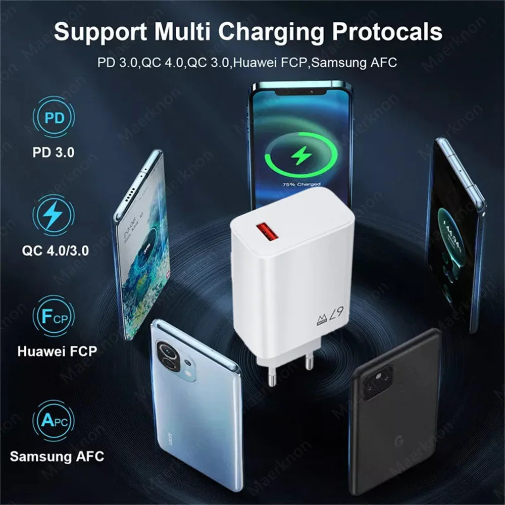 67W USB GaN Charger Fast Charging EU/US/UK Plug Charger Adapter 10A Type C Cable For iPhone Samsung Xiaomi Huawei Quick Charger - Shoppiline