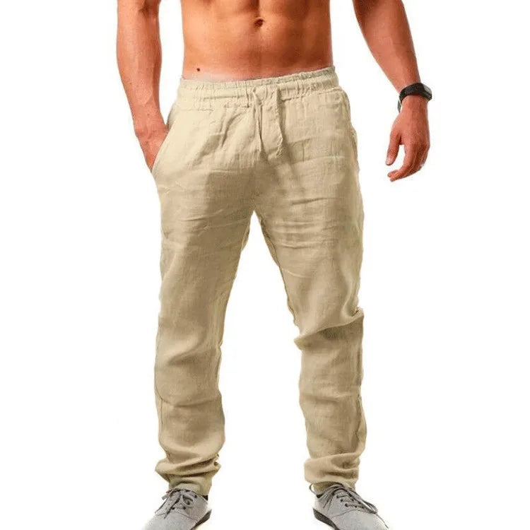 2025 summer men's cotton and linen oversized wide leg pants, men's artistic style elastic waist solid color casual loose pants