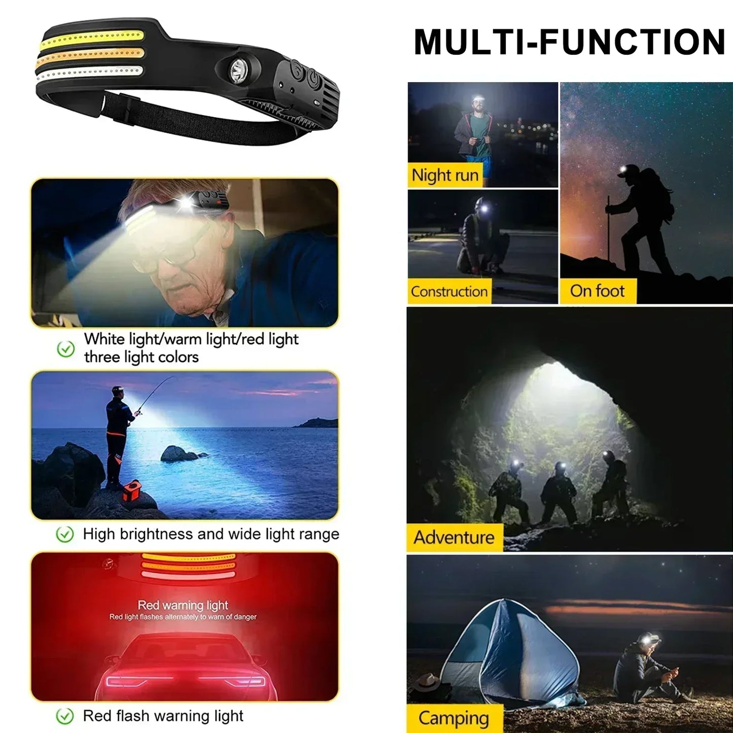 Induction LED Headlamp 1200Mah Rechargeable Waterproof Lightweight Flashlight Working Hiking Camping Running Portable Lantern