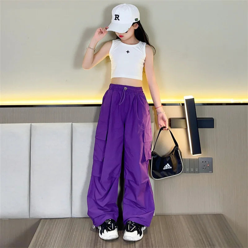 Girls Loose Joggers Pants Teen Casual Straight Cargo Trousers Fashion Children Pockets Design Streetwear Big Kids Pants 5-14 Yea