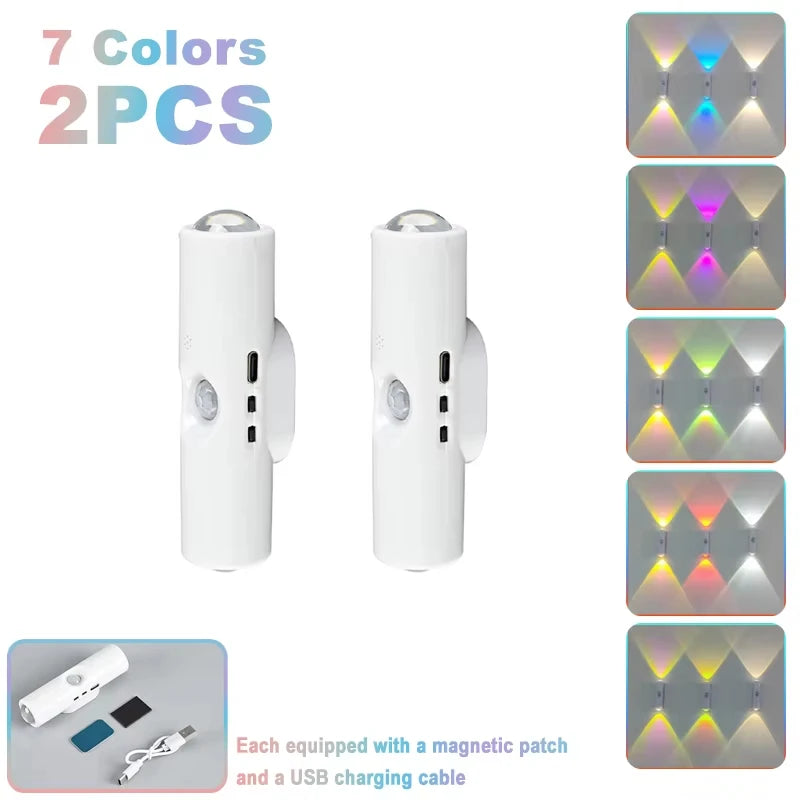 Double-head LED Night Light with Motion Sensor RGB Rechargeable Magnetic Wall Lamp Mood Ambient Light for Cabinet Hallway Stair