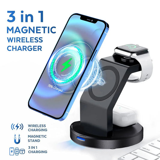 3 In 1 Magnetic Wireless Charger Stand For iPhone 15 14 13 12 Pro Max iWatch AirPods Station Dock MagSafe Fast Charging Station - Shoppiline