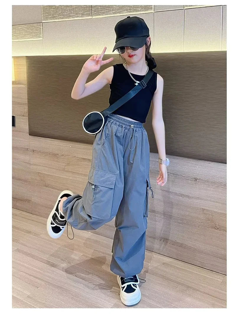 Girls Loose Joggers Pants Teen Casual Straight Cargo Trousers Fashion Children Pockets Design Streetwear Big Kids Pants 5-14 Yea