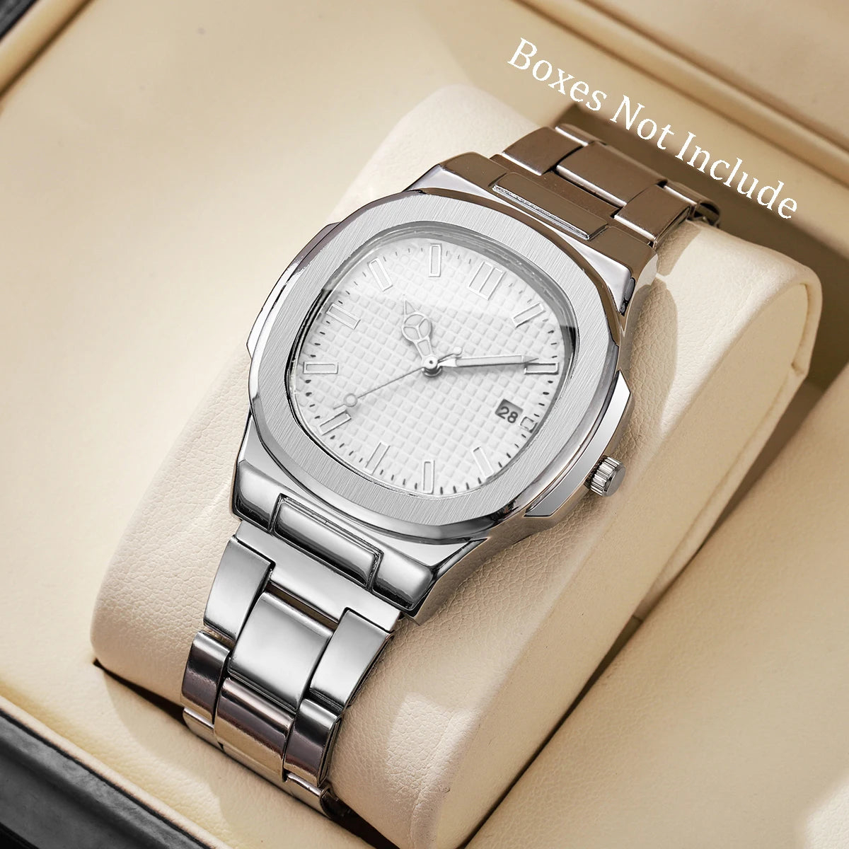 Luxus Herren Business Uhren Mode Quadratisches Zifferblatt Edelstahlarmband Quarzuhr mit Kalender für Herrenuhr (Ohne Box)