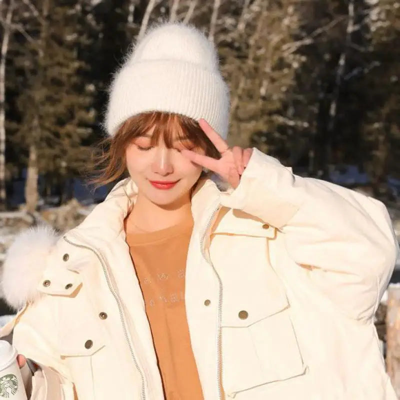 Bonnets d'hiver pour femmes en fourrure de lapin tricotés, bonnets épais à revers, bonnets amples et doux pour le ski.