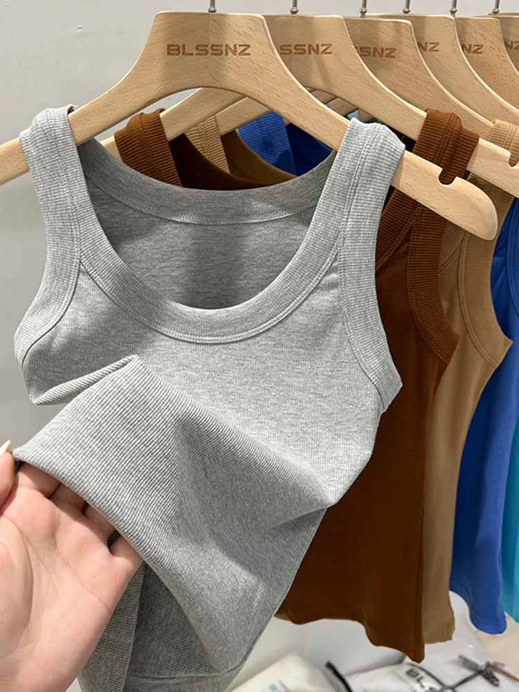 zjaiss Women Solid Round Neck Ribbed Tank Top Camisole Women 2026 Summer Basic Elastic Tank Top O Neck Solid Tank Top