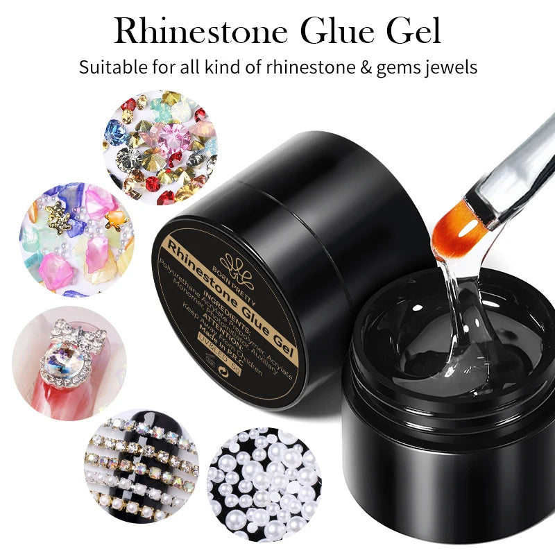 BORN PRETTY Rhinestones Glue Gel Mirror Nail Powder With Nail Liner Brush UV LED Transparent Adhensive Glue Gel