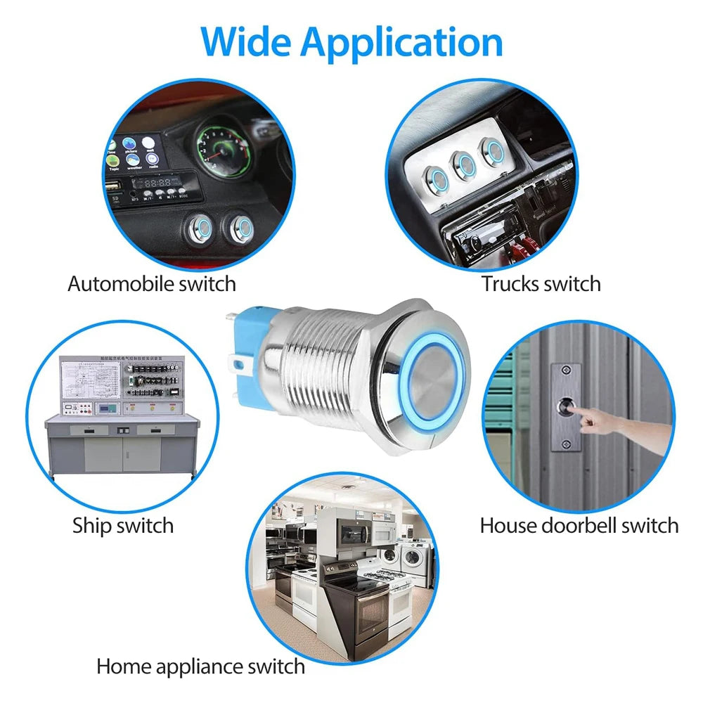 2Pcs DC 12V/24V Metal Latching Push Button Switch, 4 Pin Car RV Truck Boat SPDT ON/OFF Switch, Waterproof Self-Locking Round
