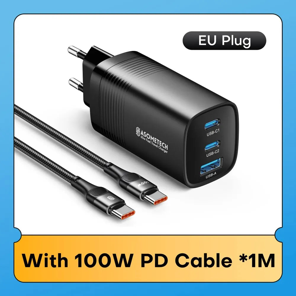 ASOMETECH GaN USB Type C Charger 65W 45W PPS PD QC4.0 Quick Charger For Macbook Laptop IPAD Tablet iPhone 14 Samsung S23 Ultra - Shoppiline