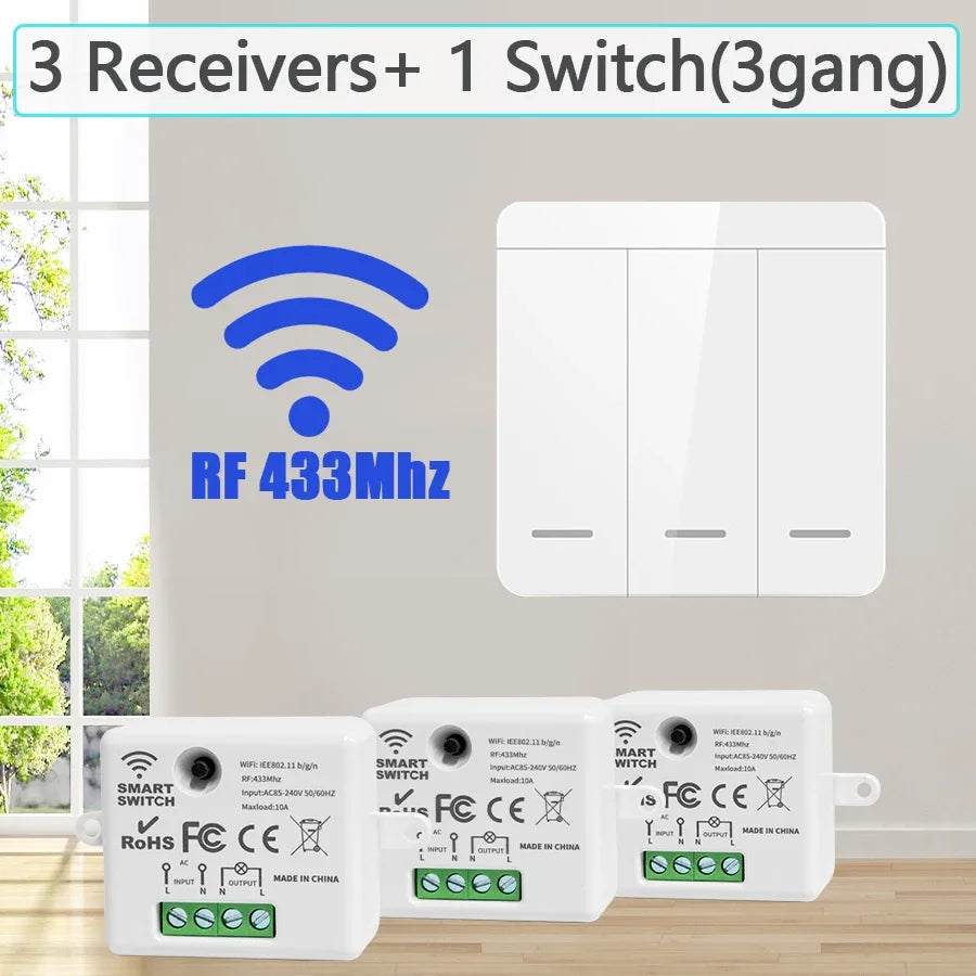 433MHz 1/2/3Gang 86 Wall Panel Switch with Remote Control Wireless Smart Switch Light Interruptor 10A 110V 220V For LED Lamp