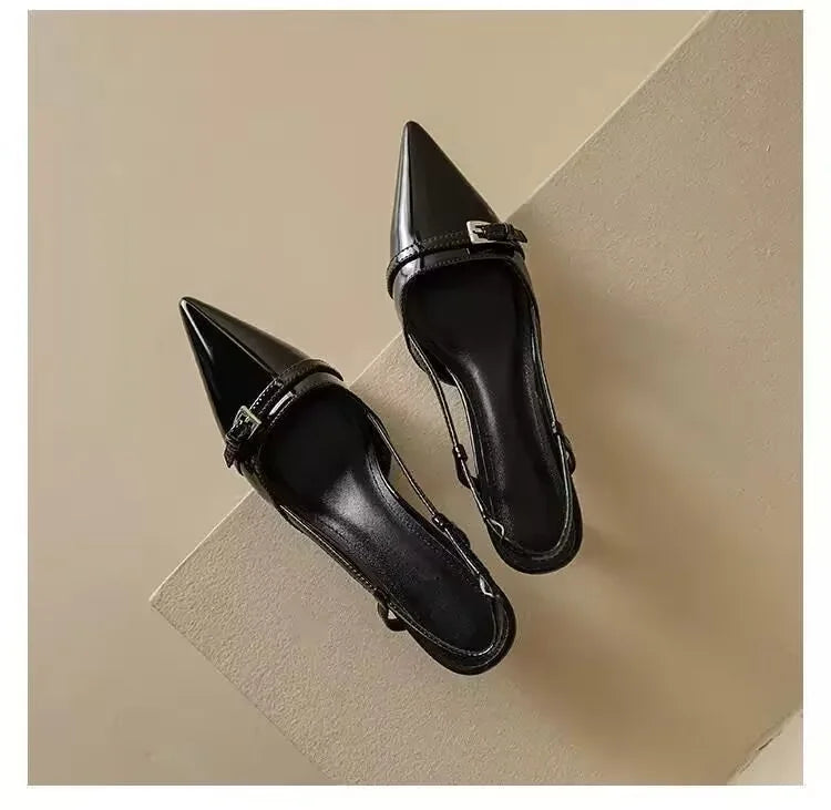 2025 French Pointed Sandals Burgundy Patent Crisscross Straps Metal Decor Slim Heel Open-Back Fairy Sandals