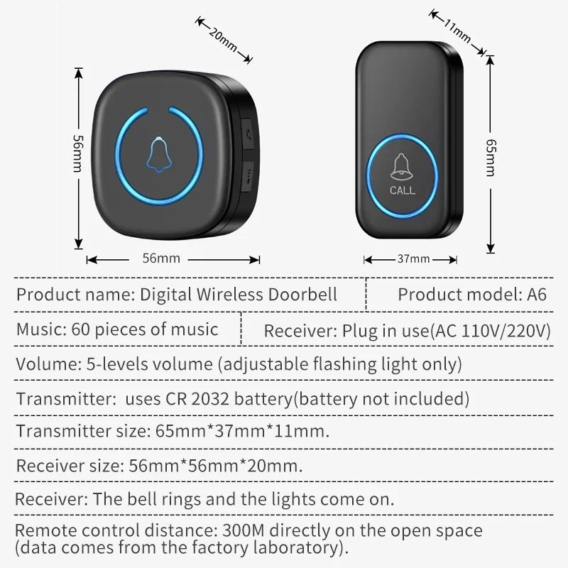 Wireless Doorbell Intelligent Welcome Door Bell 300M/984 FT Remote 60 Songs Melodies Home Smart Doorbell US EU Plug Optional