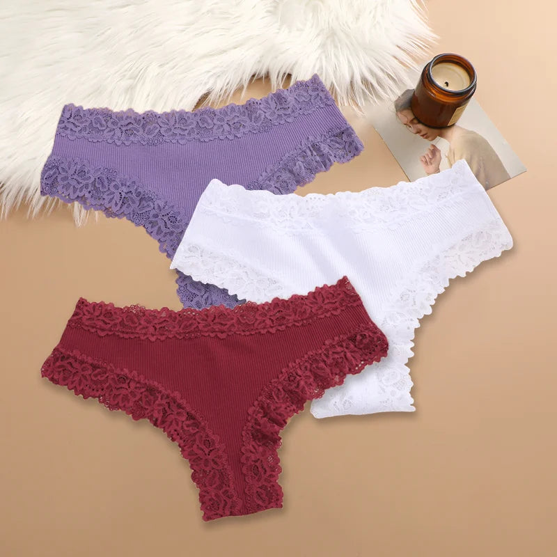 3Pcs/set Women Cotton Panties Floral Lace Intimate Underwear Trendy Patchwork Lace Briefs Female Soft Underpants Lingerie S-XL