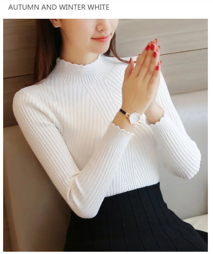 2026 Autumn Women Mock Neck Ruffles Sweater Long Sleeve Knitted Bottoming Solid Pullovers Stripe Women Casual Sweater Winter