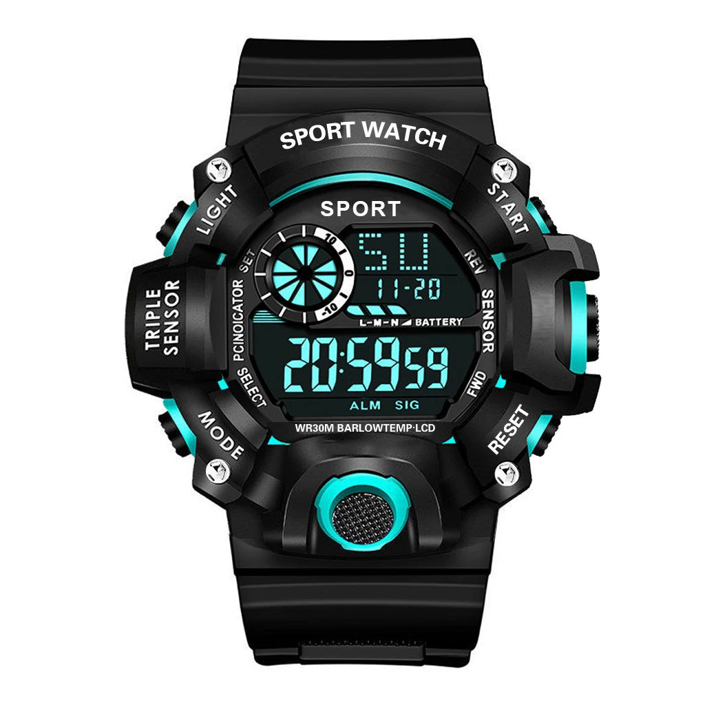 Mode Herrenuhr Sportliche elektronische Armbanduhr Großes Zifferblatt Multifunktional Wasserdicht Leuchtend Alarm Kinder Militäruhr für Herren