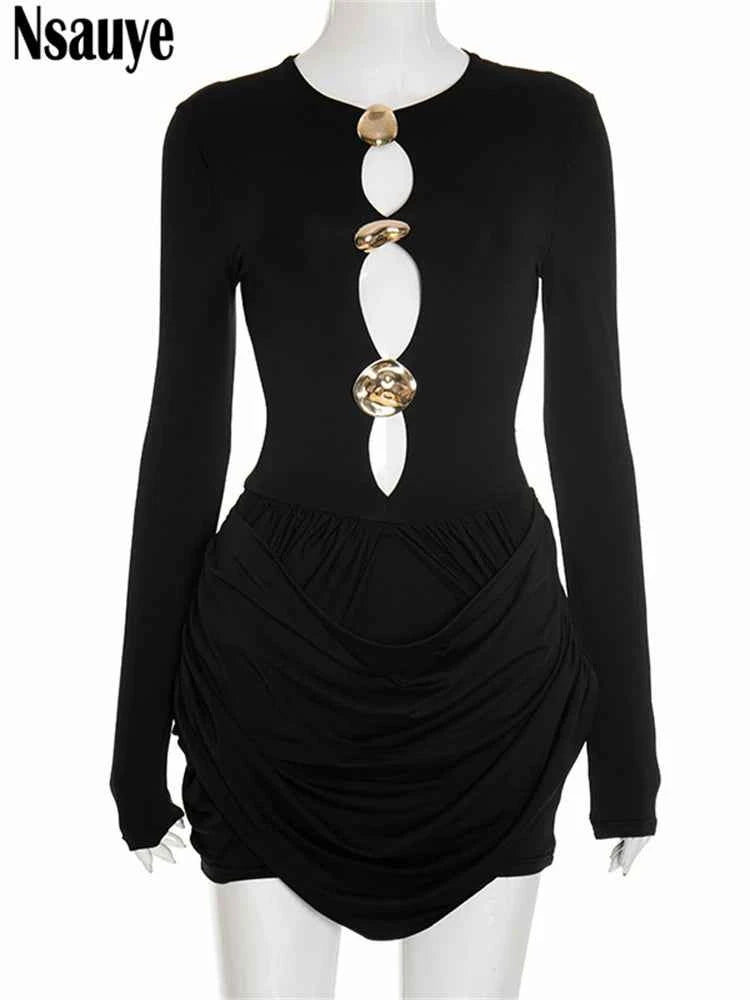 Nsauye Autumn Winter Women 2025 Sexy Night Club Mini Wrap Hollow Out Party Dress Fashion Elegant Evening Short Dress Long Sleeve