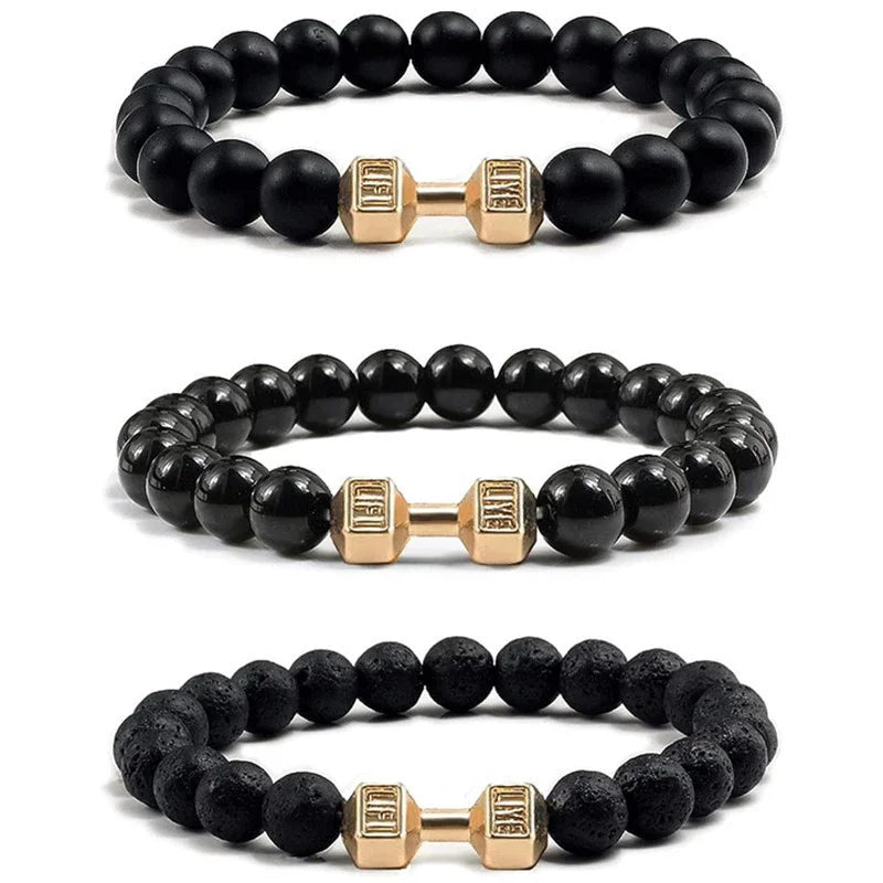 Natural Black Volcanic Lava Stone Dumbbell Bracelet Black Matte Beads Bracelets For Women Men Fitness Barbell Jewelry Pulseras