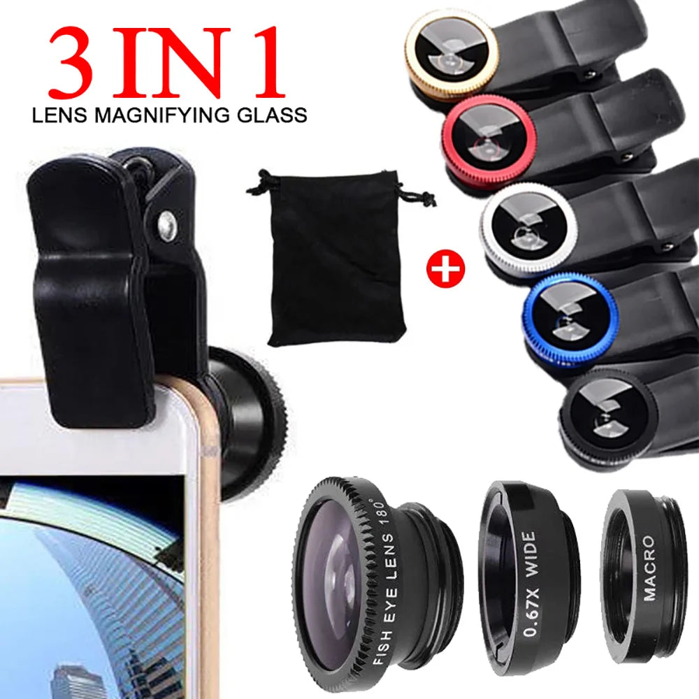 Universal 3 in 1 Fish Eye Lens Wide Angle Macro Phone Fisheye Lens Zoom Camera Kits With Phone Clip For iPhone Samsung Xiaomi