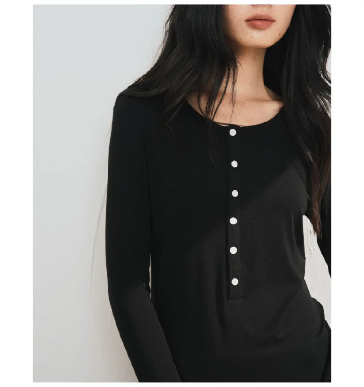 Silk Wool Basic Shirt For Women Autumn Winter Round Button Neck Slim Knitwear, Solid Color Striped Long Sleeve Top
