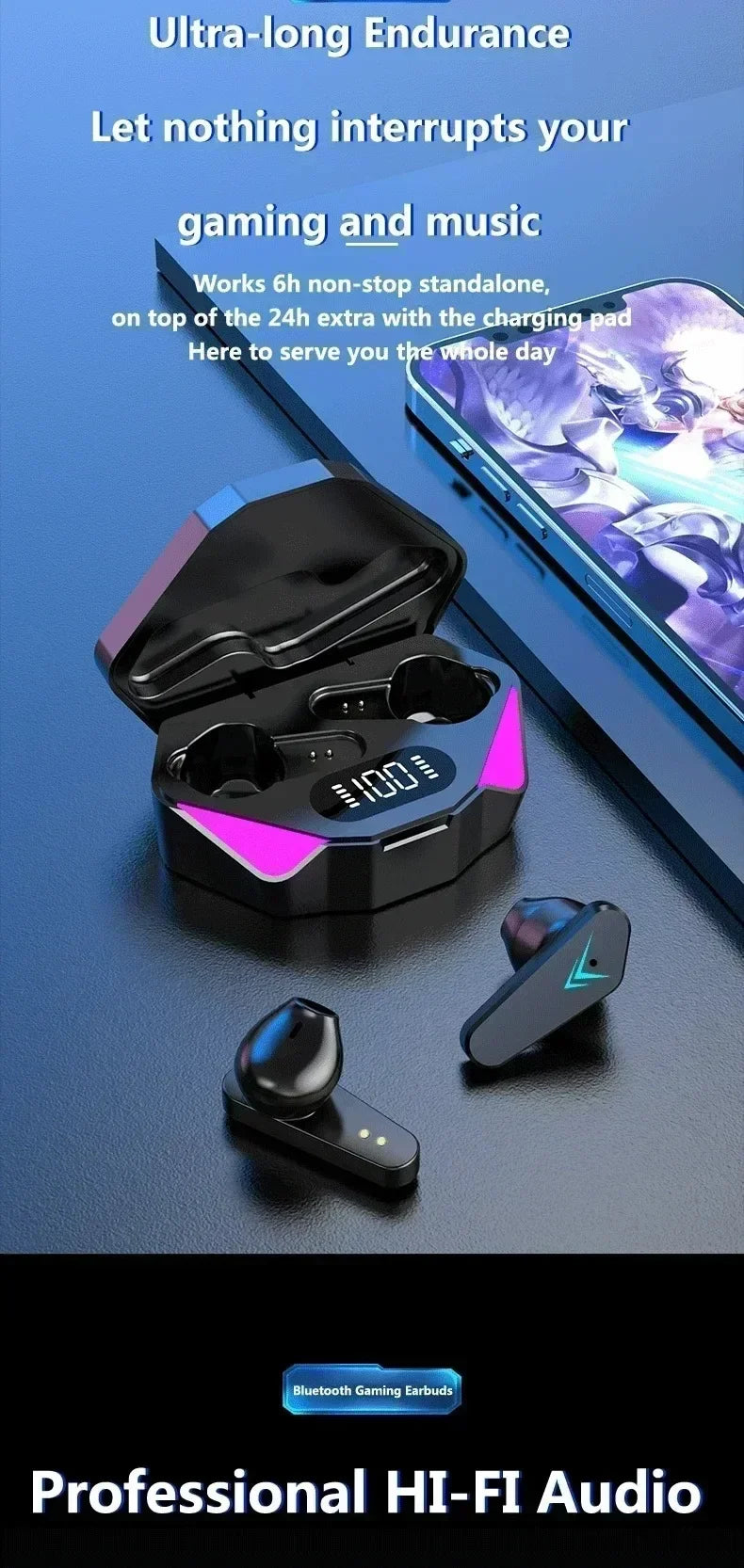 Bluetooth TWS Gaming Earphones Low Latency Wireless In-Ear Headphones With Built-in Mic LED Indicator Lights