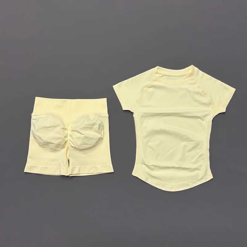 2 Pcs HISTELLO Sports Gym Sets Short Sleeve Seamless Yoga Clothing Fitness Set Women Workout Running Sports Short Leggings Suit