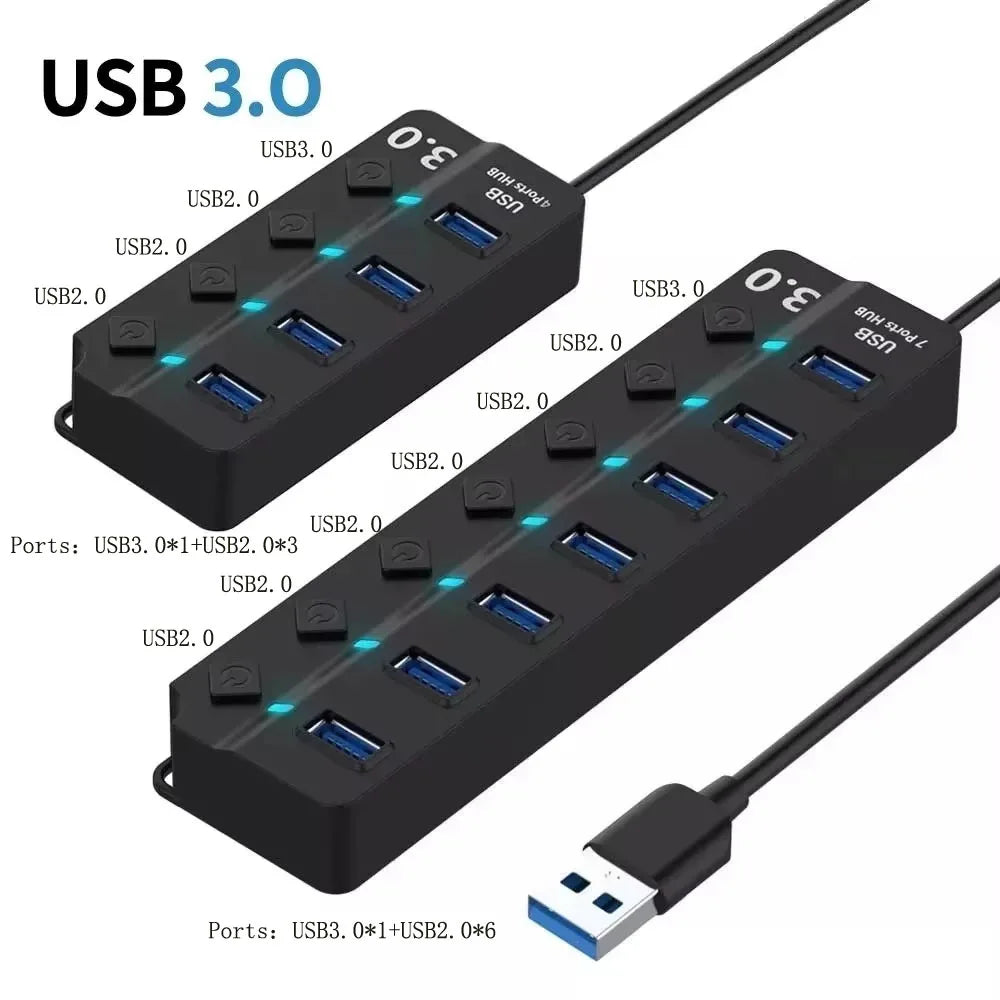 USB 3.0 Hub 4/7 Port with LED Indicator Independent Switch Control for Laptop Flash Drive Hard Disk Printer Camera Keyboard