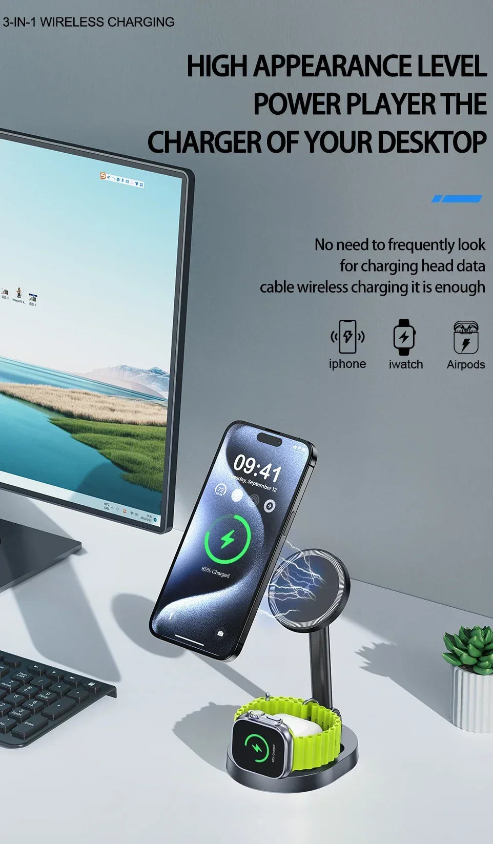 Magnetic 2 In 1 Wireless Charger Stand  Pad Fast Charging Station Dock For iPhone 15 14 13 12 Pro Max Apple Watch 8 7 6 Airpods - Shoppiline