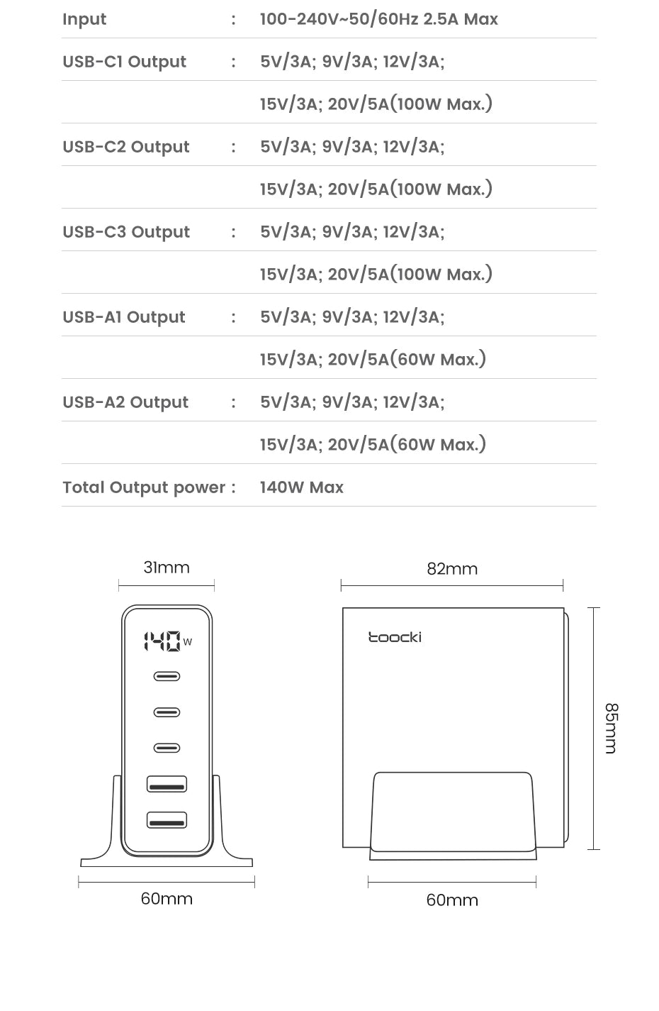 Toocki 140W GaN USB Charger 5in1 Desktop Fast Charge USB Type C Charger LED Display Charger For iPhone Xiaomi Smartphone Laptop - Shoppiline