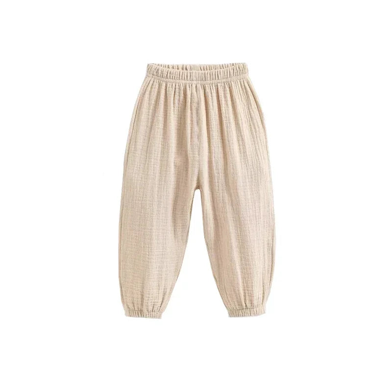 Summer Korea Children Pants Casual Girls Boys Cotton Linen Solid Color Loose Pleated Pant Trousers Girls Hight Waist Harem Pants