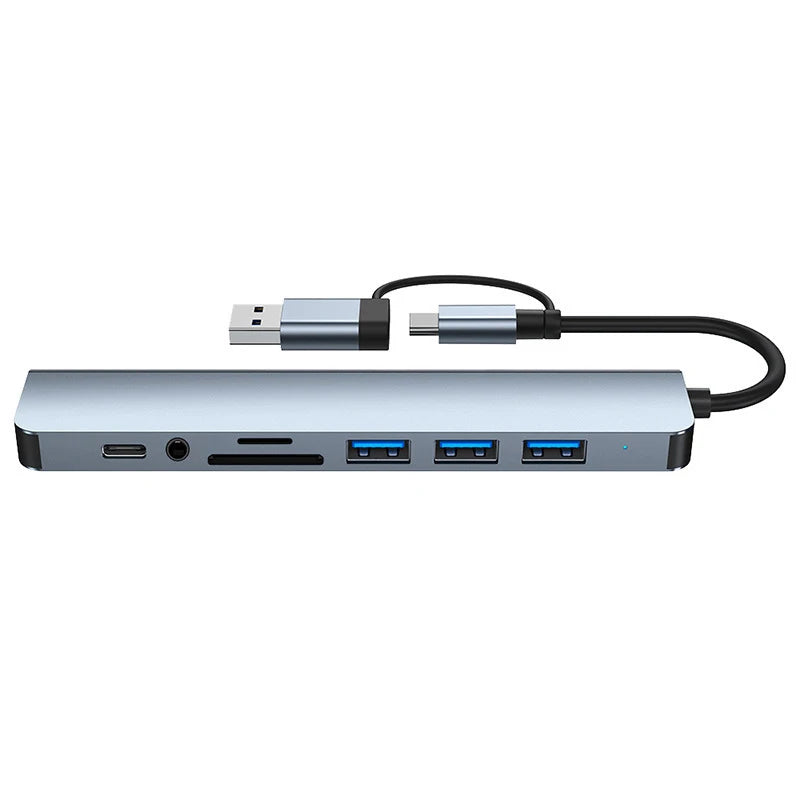 8-in-2 USB-C-Hub-Dockingstation mit 3,5-mm-Audiobuchse, Micro-SD-Kartenleser, Laptop-, Tablet-, Telefon- und Festplattenkonverter