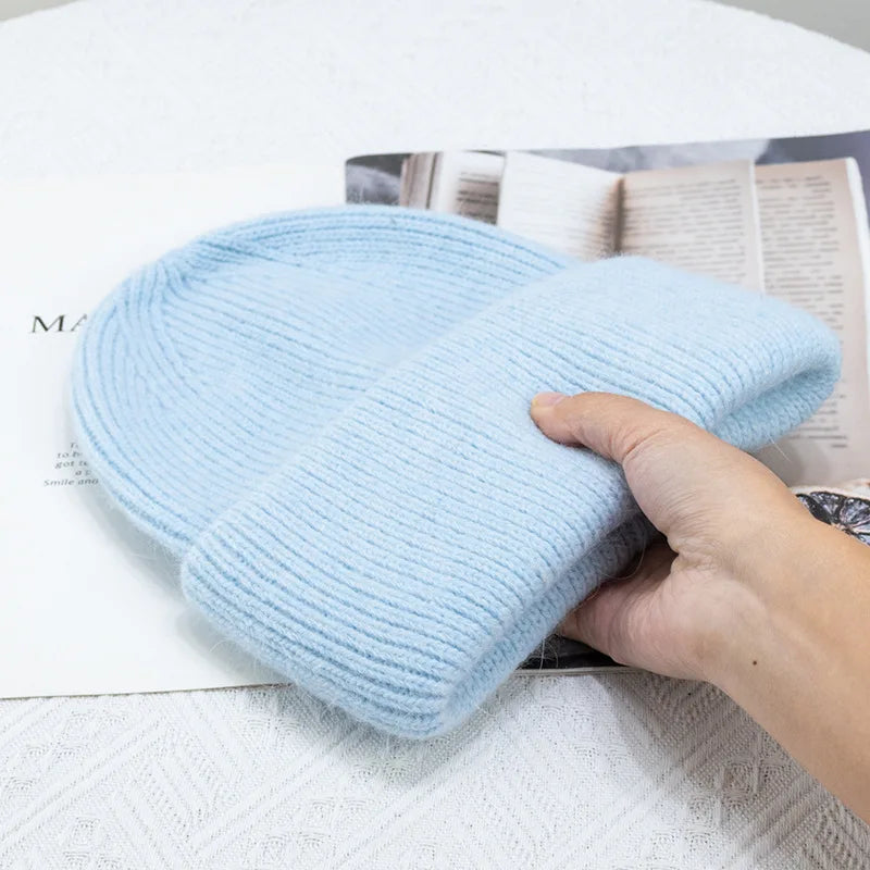 Bonnets d'hiver pour femmes en fourrure de lapin tricotés, bonnets épais à revers, bonnets amples et doux pour le ski.