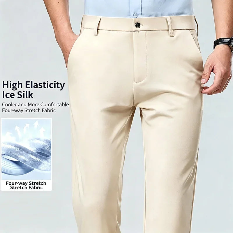 Mens Summer Stretch Straight Leg Business Dress Pants Breathable High Drape Trousers for Business Events