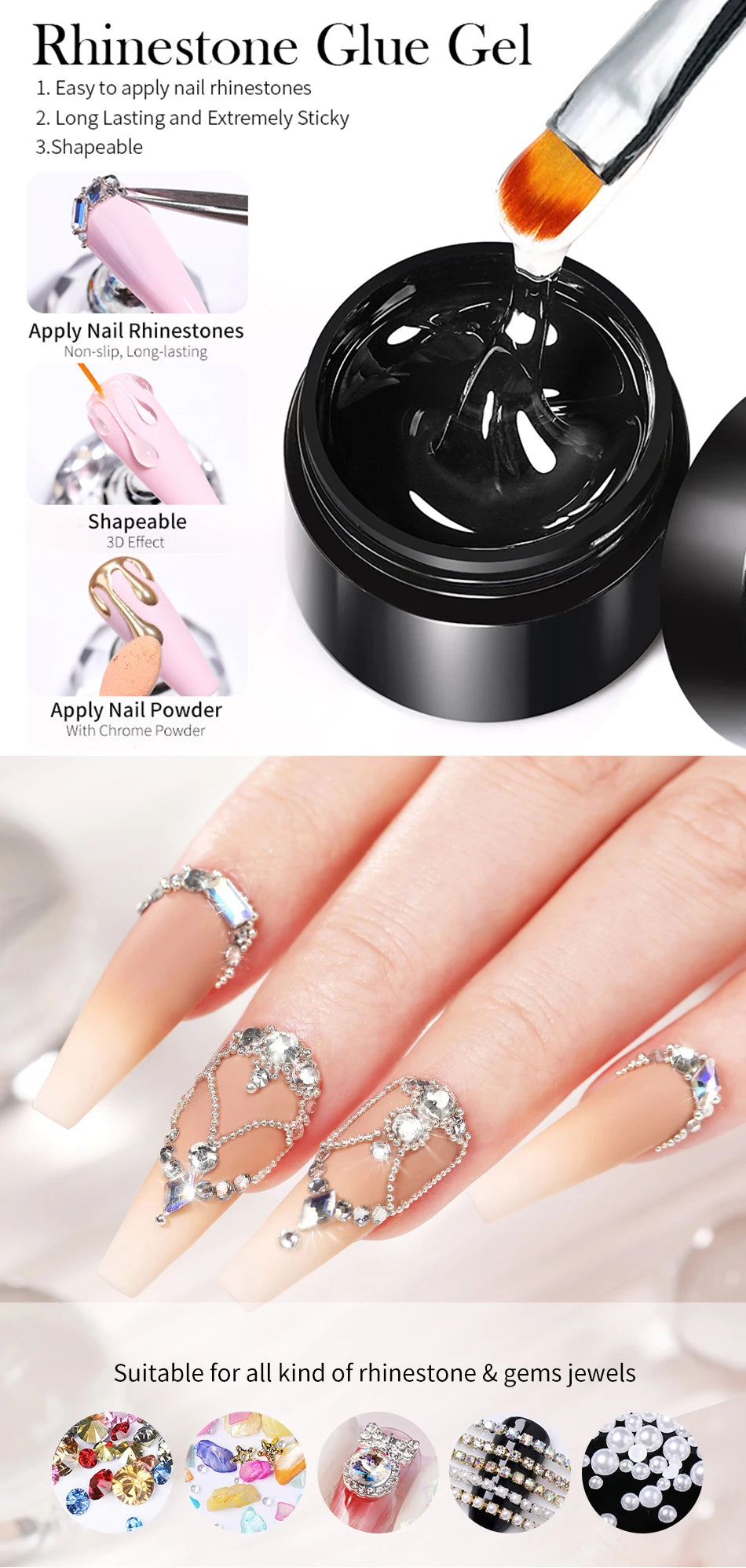BORN PRETTY Rhinestones Glue Gel Mirror Nail Powder With Nail Liner Brush UV LED Transparent Adhensive Glue Gel