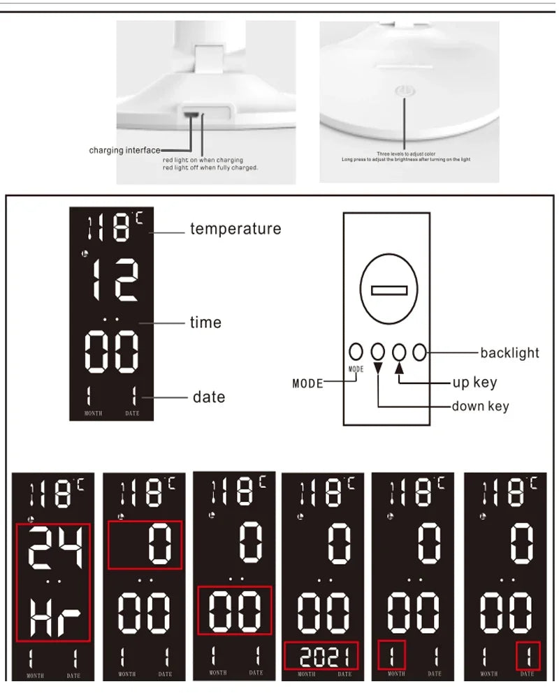 LED Table Lamp Double-Headed USB Chargeable Dimmable Desk Lamp with Calendar Clock Foldable Eye Protection Reading Night Light