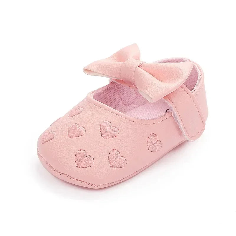 Baby-Mädchen Lauflernschuhe für drinnen 0-18 Monate, weiche Baumwollsohle, rutschfest, mit Schleifenstickerei, Klettverschluss-Schühchen