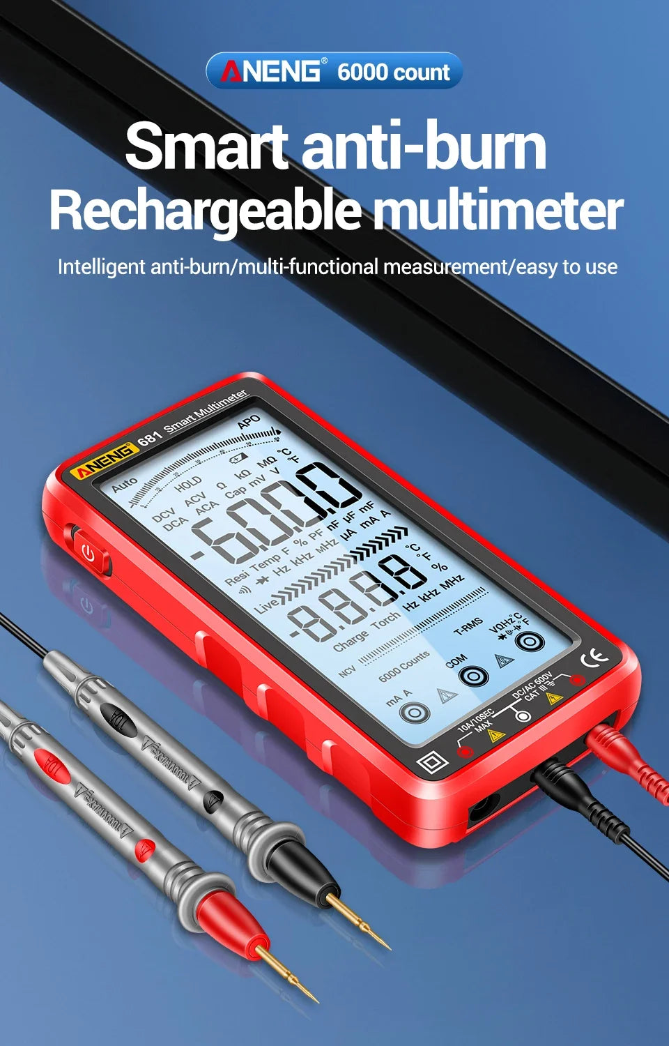 ANENG 681 Non-contact Voltage Tester AC/DC Rechargable Digital Professional MultimeterVoltage Meter LCD Screen Current Tester - Shoppiline