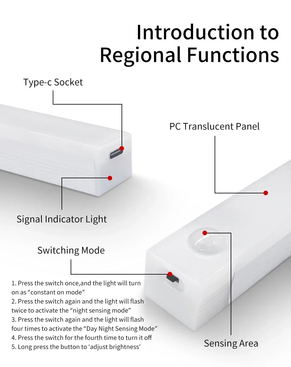 LED Motion Sensor Light Wireless Night Light Rechargeable Long Strip Bar Lamp for Kitchen Cabinet Wardrobe Bedside Staircase