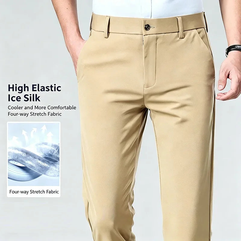 Mens Summer Stretch Straight Leg Business Dress Pants Breathable High Drape Trousers for Business Events
