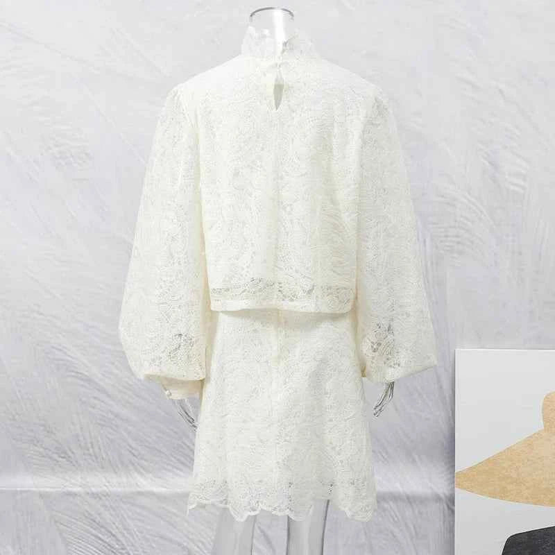 Trendy Lady Hollow Out Lace Mini Dress Elegant 2025 New Long Sleeve Designs Chic High Neck Short Vestidos Autumn Club Night Gown