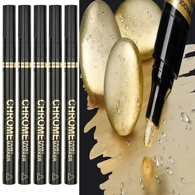 5/1pcs Chrome Pen Marker Mirror Waterproof Paint Repair For Rock Ceramic Glass Metallic Gold/Silver 2mm Nib - Shoppiline